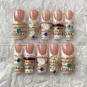 Handmade Press On Nails, Gold Bangle Jewelry 3D Vintage Clock Charms Luxury French Tip, MO883