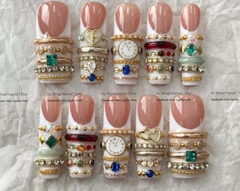 Uñas postizas hechas a mano, brazalete dorado, dijes de reloj vintage 3D, punta francesa de lujo, MO883