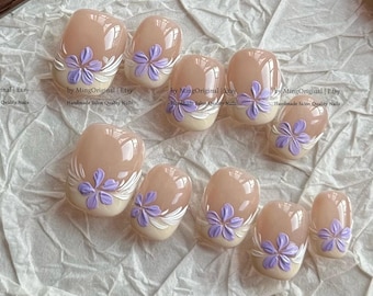 Blooming wild purple flower Press on Nails, handpainted oil painting style floral Nails, Handmade Gel Nails, bridal wedding nail,MO831