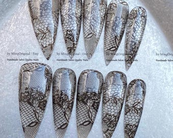Black lace flower press on nail, wedding nail, glue on nail, reuse nail, fake nail, holiday trending nail, MO1225