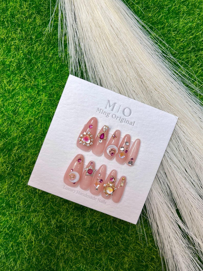 Reusable Sailor moon press on nail, Premium Hand paint Nails, Fake nails, Nail Artist Faux Nails, Handmade Gel Nails, pink rhinestone nail image 2