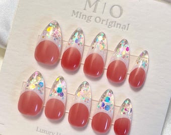 Französische Spitze Pailletten Glas Eis eingekapselte Spitze Press on Nails, Ombre Nägel, handgefertigte Aufbaugelnägel, Jelly Nails, Valentine Jubiläumsgeschenk