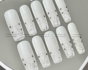 White Faded lace flower press on nail, wedding nail, glue on nail, reuse nail, fake nail, holiday trending nail, MO1208