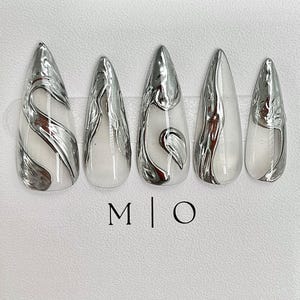 Silver chrome mirror y2k Nail press on, Fake nails, Metallic textured nail, Luxury Handmade Nails
