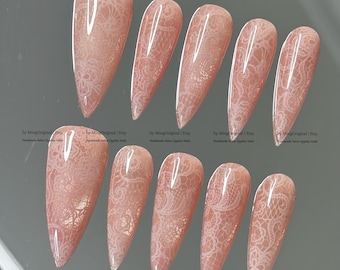 Pink lace bridal nails, luxury natural nude pink lace fake nails, soft lace flower nails, MO1207
