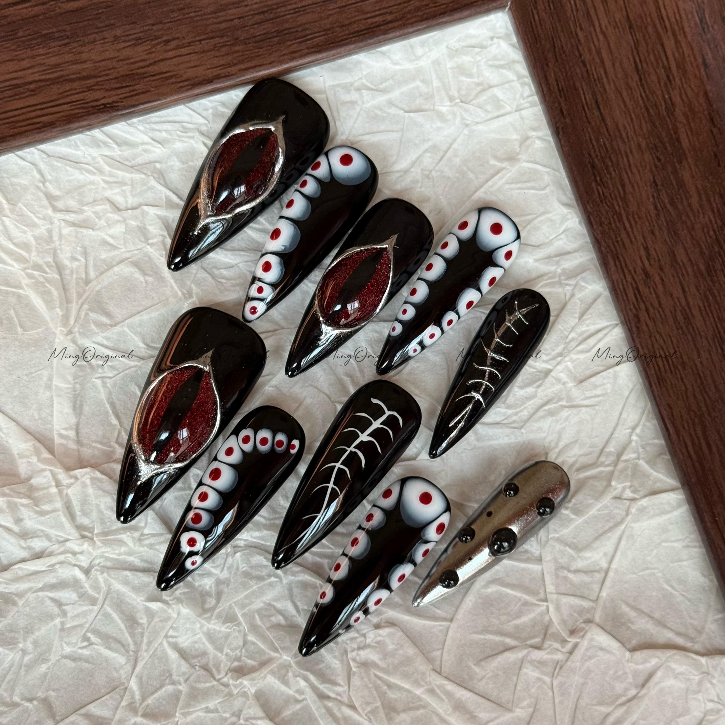 Halloween Devil Eye Press on Nails, 3d Eye Ball Black Red Cat Eye