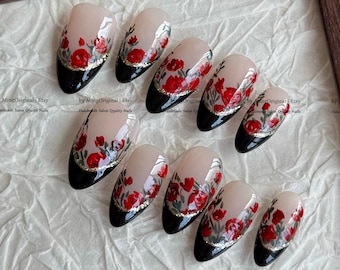 Unghie gotiche a forma di rosa, french manicure nera, unghie finte con fiori dipinti a mano, stile vampire core boutique, stile vintage, regalo per la mamma, MO1024