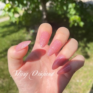 Pink rainbow shimmer Holographic press on nails, reuse nails, jelly fake nail, Sparkle nails