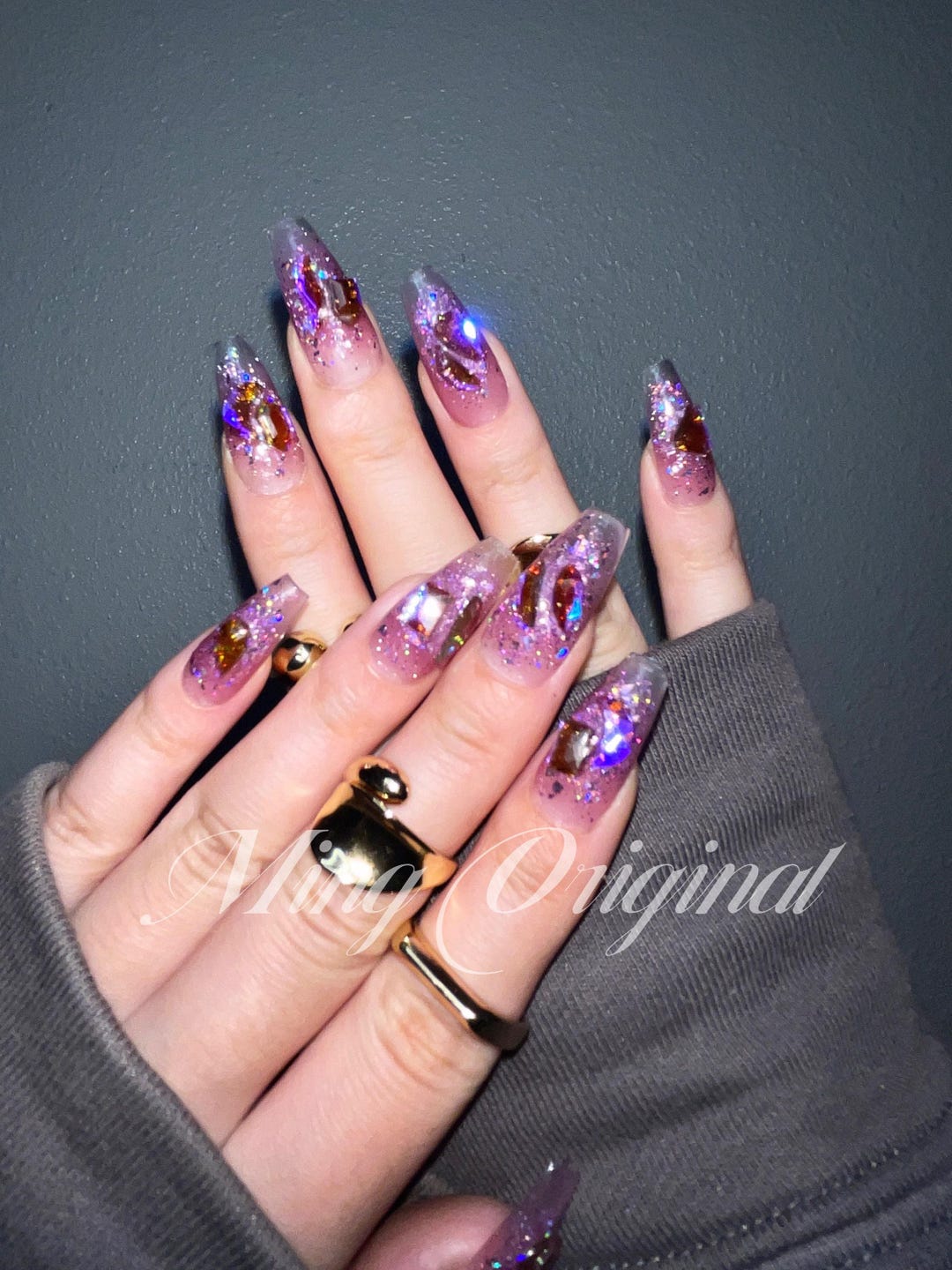 Purple Aurora Gem Crystal Holographic Glittery Nail Press On