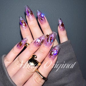 Purple Aurora gem crystal holographic glittery Nail press on, Fake nails, ombre Handmade Gel Nails, jelly Nails