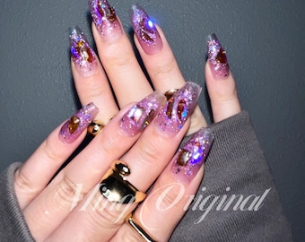 Purple Aurora gem crystal holographic glittery Nail press on, Fake nails, ombre Handmade Gel Nails, jelly Nails