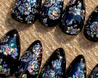 Mother of Pearl Nails, Handmade Black Rose Nacre Inlay Press On Nails, Gothic Luxury Fake Nails, MO1220