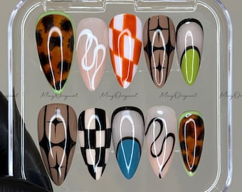Funky Loop | Colorful Y2K Press On Nails, Abstract French Tips, Checkered & Tortoise Shell Design, Hand Painted Retro Nail Art, MO576