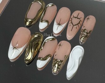 3D White and Gold Free Style Press on Nails, Gold Chrome Detail Nail, Heart and Star Glue on Nail, Nude Jelly Fake Nail, Gift for Her,mo334 - Etsy 3D White and Gold Free Style Press on Nails, Gold Chrome Detail Nail, Heart and Star Glue on Nail, Nude Jelly Fake Nail, Gift for Her,mo334 - Etsy