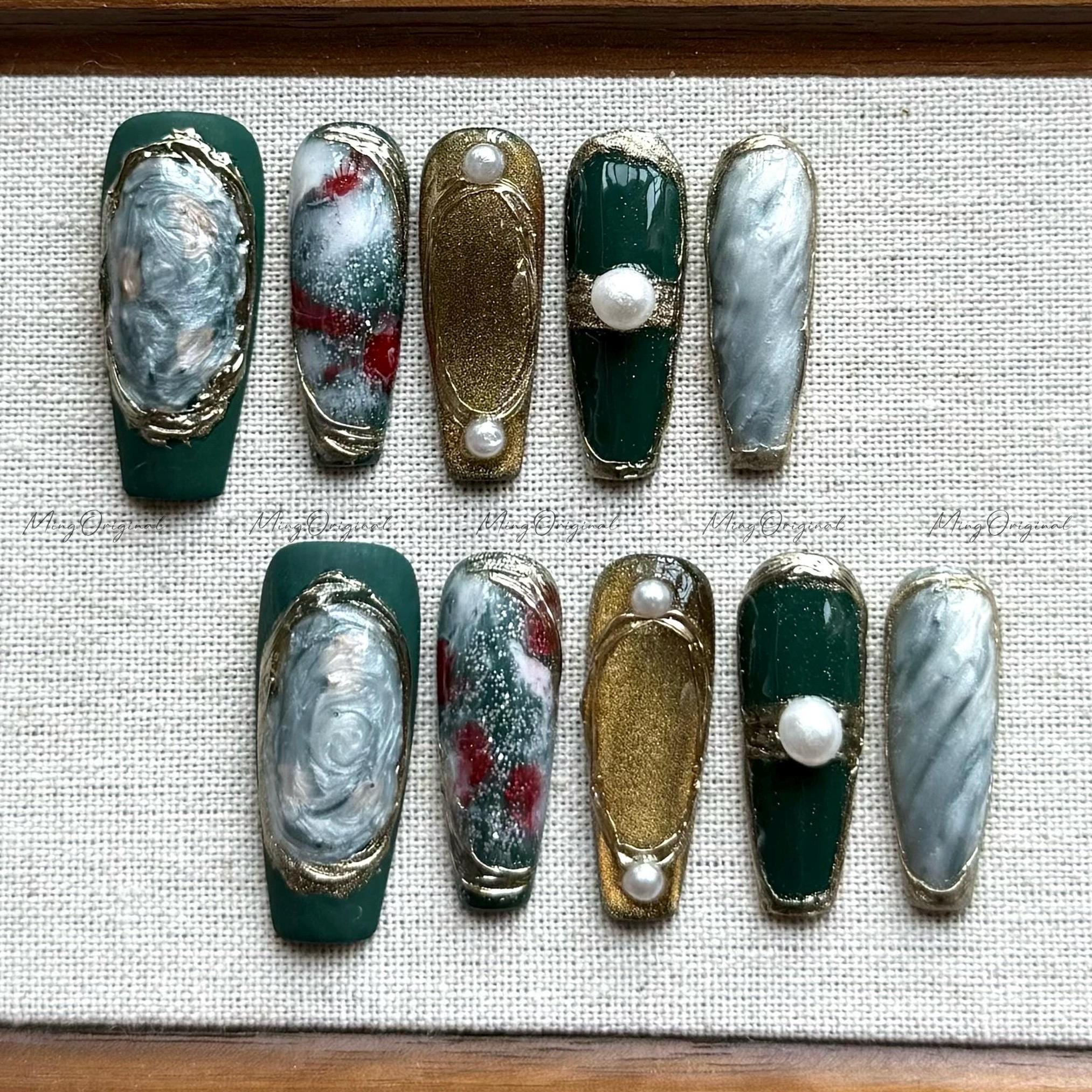 Emerald Muse Deep Green Blooming Press on Nails, Marble and Gold 