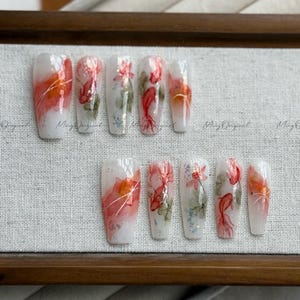 Lucky Red Koi Fish Press On Nails, Hand-painted water color goldfish nail art, reusable summer aquarium nails,Vacation gift MO505