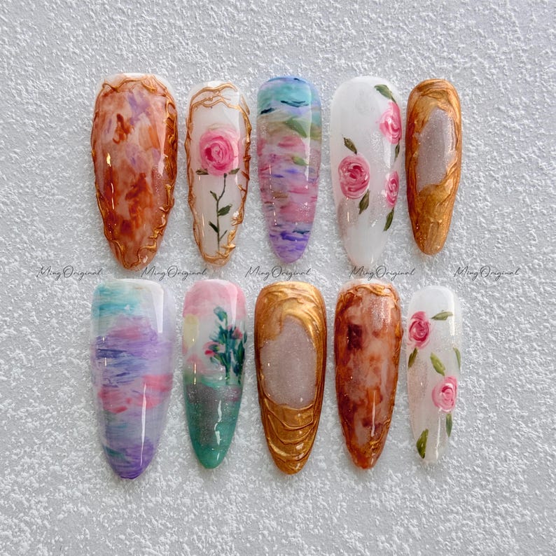 Oil Painting Floral Romantic Art Press On Nails, Hand-painted rose nail art, vintage gold frame nails, abstract watercolor design, MO489 image 2