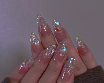 Super glittery Aurora gem crystal Nail press on, Fake nails, Aura ombre nail, Handmade Gel Nails, jelly Nails