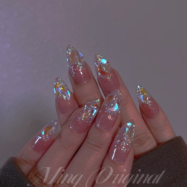 Super glittery Aurora gem crystal Nail press on, Fake nails, Aura ombre nail, Handmade Gel Nails, jelly Nails