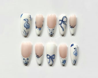 Ceramic porcelain duck cute bow coquette press on nail, white french tip floral nails, glue on nail, wedding birthday gift for her, MO349