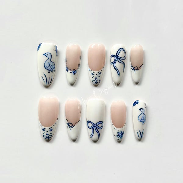 Ceramic porcelain duck cute bow coquette press on nail, white french tip floral nails, glue on nail, wedding birthday gift for her, MO349