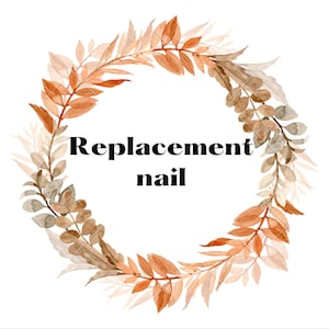May include: A watercolor wreath of brown and tan leaves encircles the words "Replacement nail" in black text. The leaves are arranged in a circular pattern against a white background.
