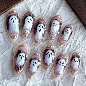 Ghost gallery press on nails, gold framed cute ghosts reuse nails, spooky season horror fake nail,glue on nail, Halloween gift for her,MO654