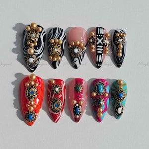 Boho Luxe Press on Nails, Black and white zebra, tribal pattern, bold red, turquoise accents, gold charms, statement nail,gift for her MO658