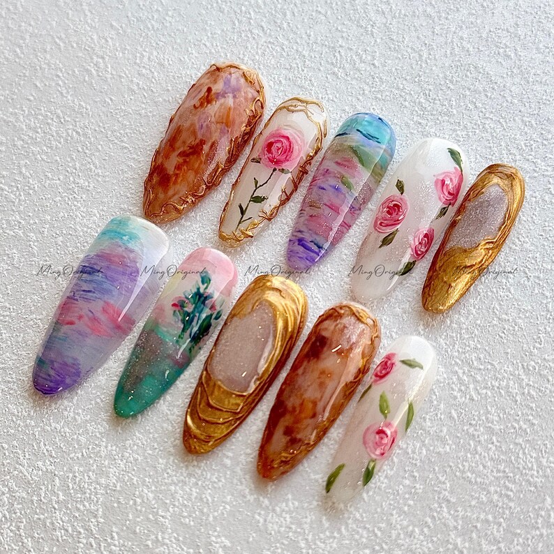Oil Painting Floral Romantic Art Press On Nails, Hand-painted rose nail art, vintage gold frame nails, abstract watercolor design, MO489 image 5
