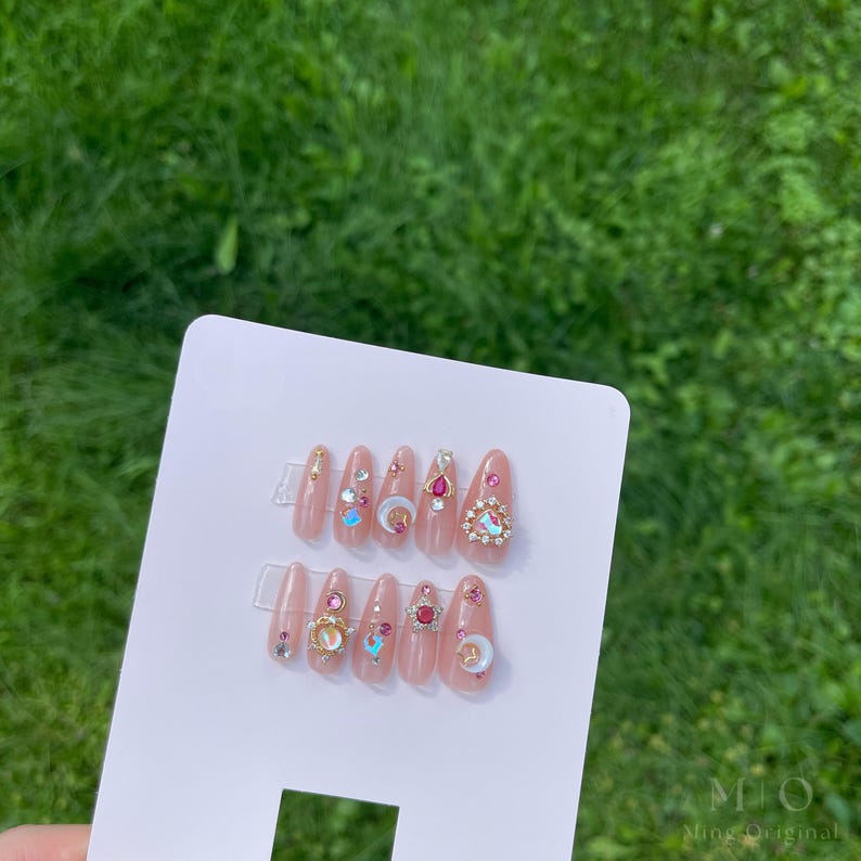 Reusable Sailor moon press on nail, Premium Hand paint Nails, Fake nails, Nail Artist Faux Nails, Handmade Gel Nails, pink rhinestone nail image 5