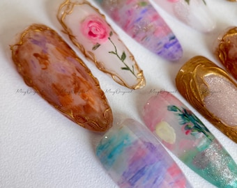 Ölgemälde Blumen romantische Kunst Press On Nails, handgemalte Rosennagelkunst, Vintage Goldrahmennägel, abstraktes Aquarelldesign, MO489