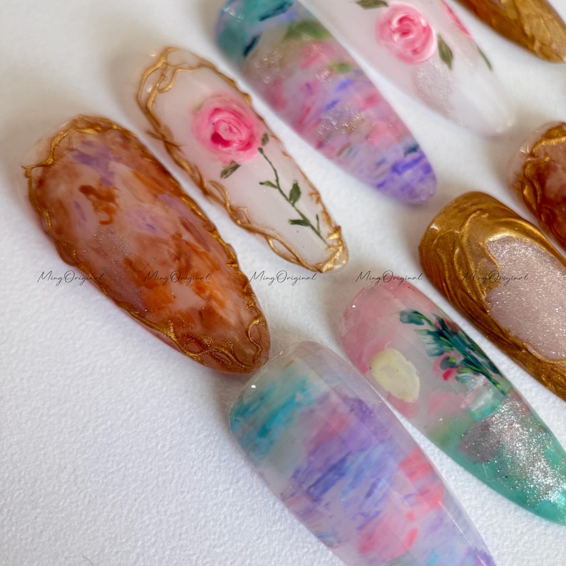 Oil Painting Floral Romantic Art Press On Nails, Hand-painted rose nail art, vintage gold frame nails, abstract watercolor design, MO489 image 1