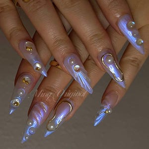 3D Y2K aurora Mermaid press on nails, Aura Seashell with pearl reusable nail, jelly fake nail