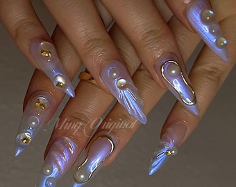 3D Y2K aurora Mermaid press on nails, Aura Seashell with pearl reusable nail, jelly fake nail