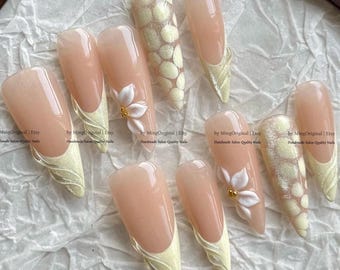 White Lily Nails, Handmade 3D Floral Yellow Cat Eye Press On Nails, Summer Beach Fake Nails, MO1230