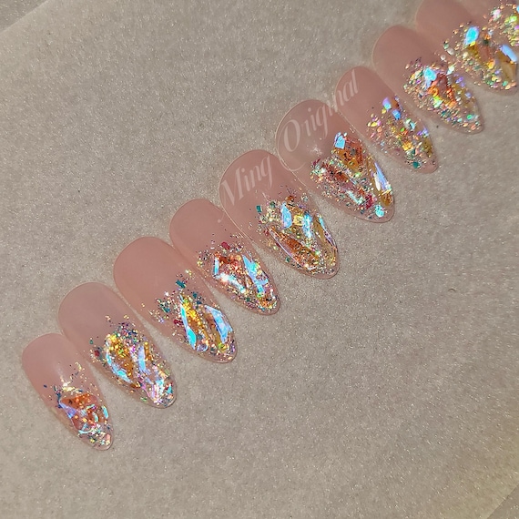 Super Glittery 2 | Aurora Gem Crystal Jewel Nail Press On, Fake