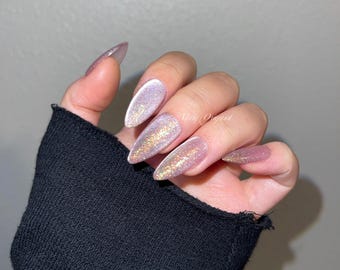 Da starry sky 2 / uñas postizas de ojo de gato en color violeta claro, uñas reutilizables, uñas postizas de gelatina, uñas navideñas brillantes