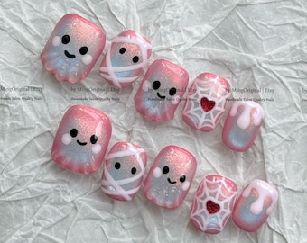 Niedliche Halloween Nägel, rosa Katzenaugen-Nägel, 3D-Geist zum Aufbügeln, Spinnennetz-Nägel, MO1088