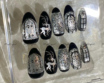 Christmas Black Stained Glass Window Glittery press on nails, Sparkling Cat Eye, Retro Shadow Deer hand painted nail, gift for her, MO703