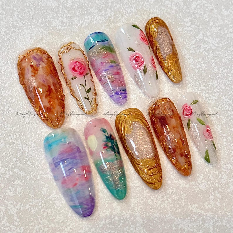 Oil Painting Floral Romantic Art Press On Nails, Hand-painted rose nail art, vintage gold frame nails, abstract watercolor design, MO489 image 4