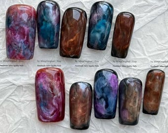 Handmade Amber Marble Press On Nails, Dark Mystery Aura Gel Nails, Vintage Marbleized Glue On Nails, Luxury Custom False Nails, MO1229