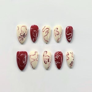 Free style Red butterfly ribbon Press on Nails, hand painted premium handmade Nails, detailed Jelly Nails, glue on nail, gift for her MO342