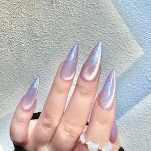 Moonlit Amethyst light purple pink cat eye press on nails, blue glittery nails, jelly fake nail,sparkly nail, valentine gift for her,MO378