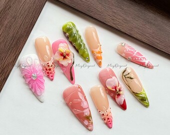 Uñas postizas con flores 3D, diseño floral artesanal, diseño de jardín primaveral, uñas florales esculpidas, mezcla de rosa y verde, regalo único, MO595