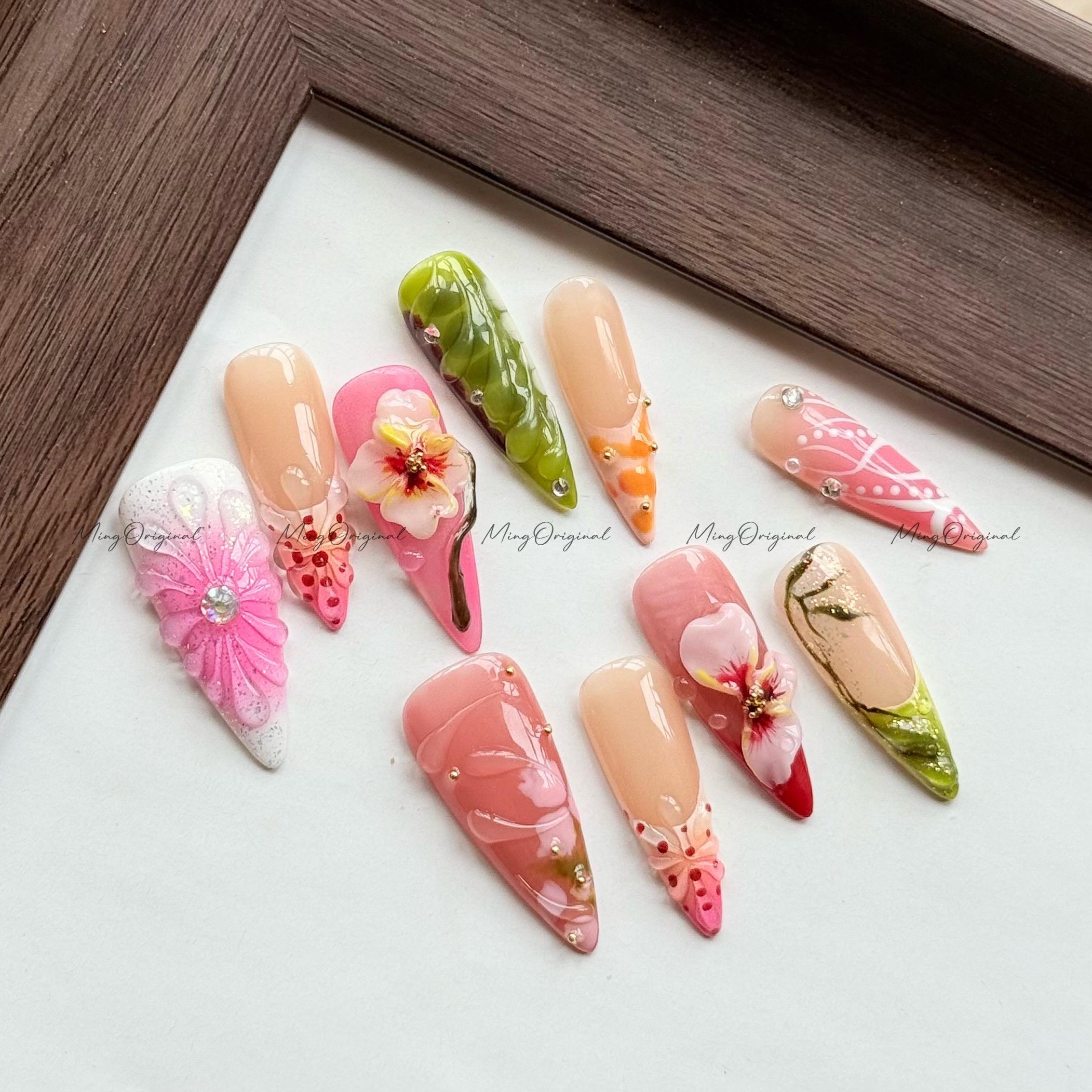 3D Blumenpresse auf den Nägeln, handgefertigte Blütennagelkunst, Frühlingsgartendesign, modellierte Blumennägel, rosa und grün mischen, einzigartiges Geschenk, MO595