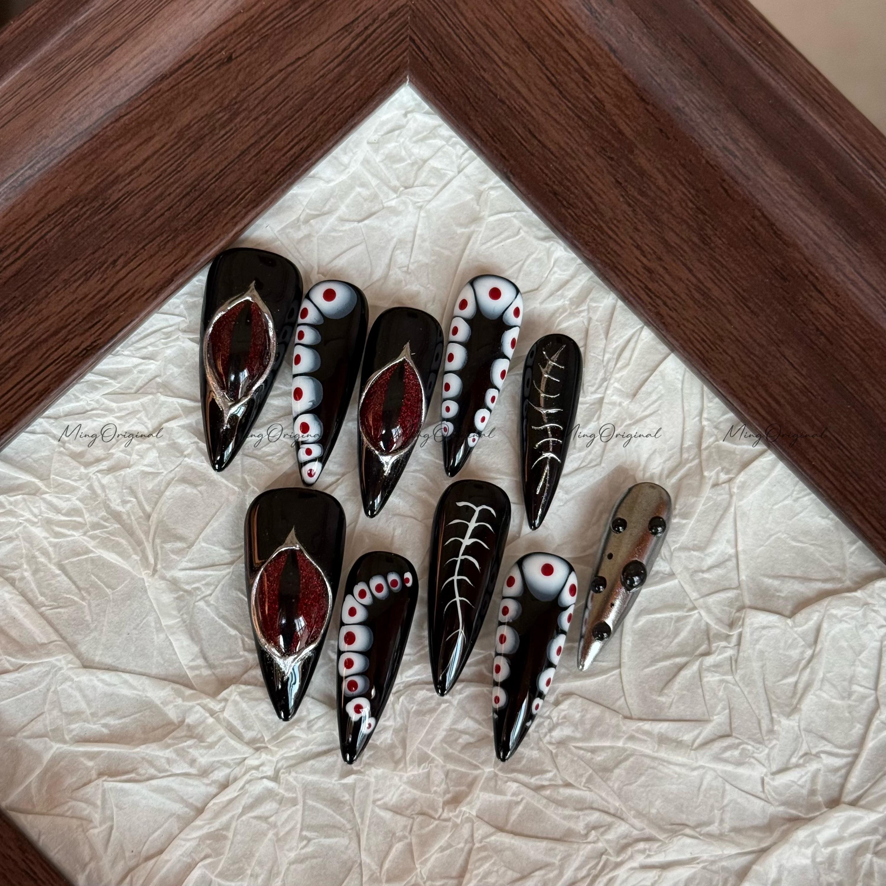 Halloween Devil Eye Press on Nails, 3d Eye Ball Black Red Cat Eye