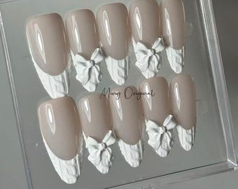 Winter snow white sweater press on Nail, bow coquette French tip nails, glue on nail, Holiday Fake Nails, Gifts for Her, MO381