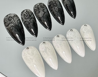 Black and White Faded lace flower press on nail, wedding nail, glue on nail, reuse nail, fake nail, holiday trending nail, MO1209