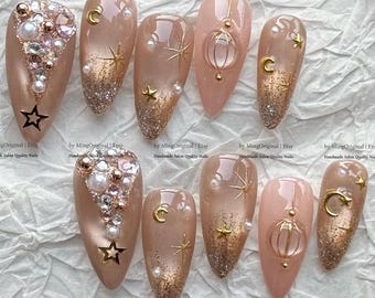 Celestial Star Nails, Handmade Gold Moon Lantern Press On Nails, Magical Luxury Fake Nails,MO1203