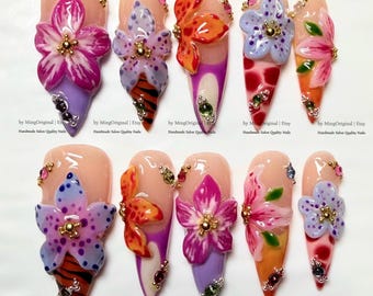 Tropical Orchid Nails, Handmade 3D Safari Animal Print Press On Nails, Wild Floral Fake Nails, MO1210